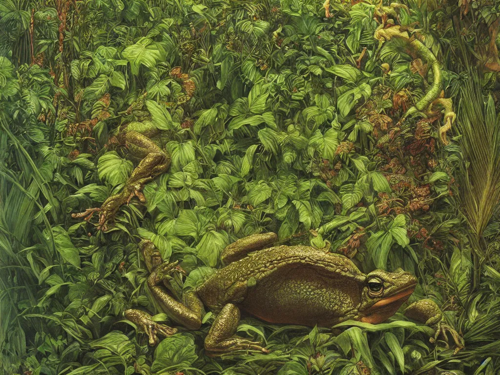 Prompt: a giant frog charging toward the viewer in a lush tropical jungle, fluid, smooth, bright, colours, high contrast, sharpness, very detailed, intricate, by donato giancola, gustave dore and junji ito