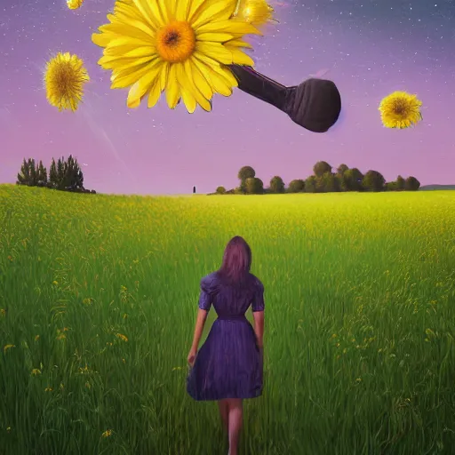 Prompt: giant daisy flowers as a head, girl walking in wheat field, hills, surreal photography, dark night, star trails, impressionist painting, dramatic clouds, digital painting, artstation, simon stalenhag