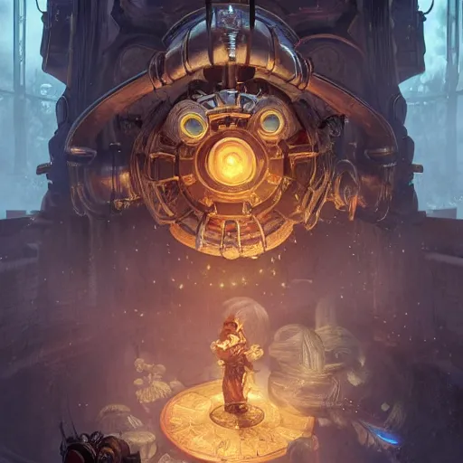 Prompt: big daddy bioshock closeup, D&D, fantasy, intricate, elegant, highly detailed, digital painting, artstation, concept art, matte, sharp focus, illustration, hearthstone, art by Artgerm and Greg Rutkowski and Alphonse Mucha