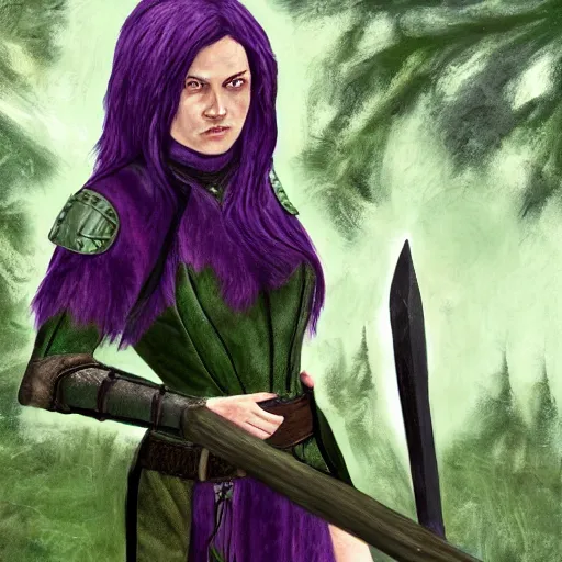 Prompt: anya charlota as a medieval fantasy wood elf, dark purple hair tucked behind ears, wearing a green tunic with a fur lined collar and leather armor, scar across nose, one black, scaled arm, wielding a battleaxe, cinematic, character art, painting, forest background, realistic.
