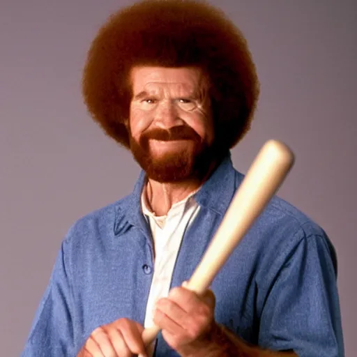 Prompt: bob ross smashing his canvas with a baseball bat, tv show, photography, destructive,