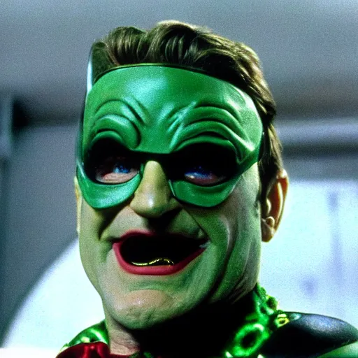 Prompt: A still of Robin Williams as the Riddler in Batman Forever