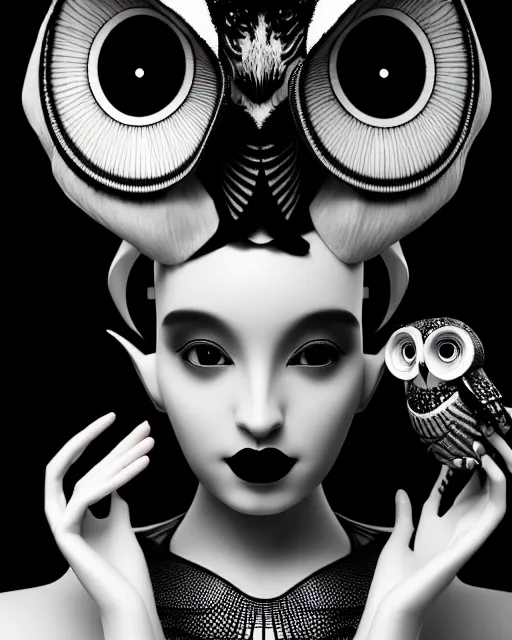 Image similar to surreal mythical dreamy dark artistic black and white fine art 3 / 4 fashion portrait photo of a young beautiful delicate female robot with orchid - owl face, rim light, cinematic, studio dramatic light, poetic, masterpiece, octane render, 8 k, photo - realistic by hg giger and man ray