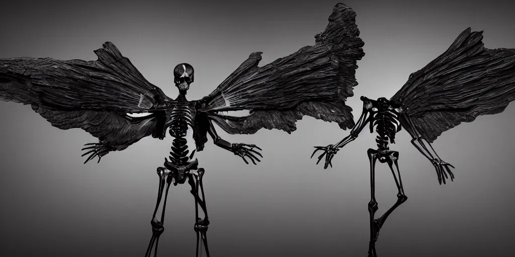 Image similar to mysterious fantasy winged creature skeleton, studio photography, 4 k, dark black background, harsh lighting