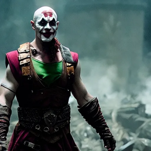 Image similar to film still of kratos as the joker in the new batman movie