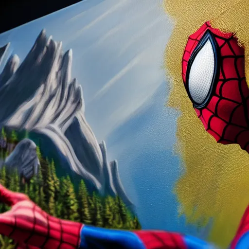 Image similar to a closeup photorealistic photograph of spider - man working on a canvas painting. film still. brightly lit scene. mountains and trees. this 4 k hd image is trending on artstation, featured on behance, well - rendered, extra crisp, features intricate detail, epic composition and the style of unreal engine