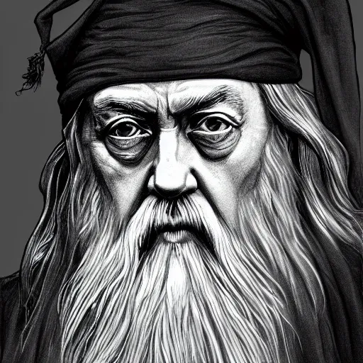 Prompt: a close up portrait of Dumbledore, focused gaze, art station, highly detailed, concept art