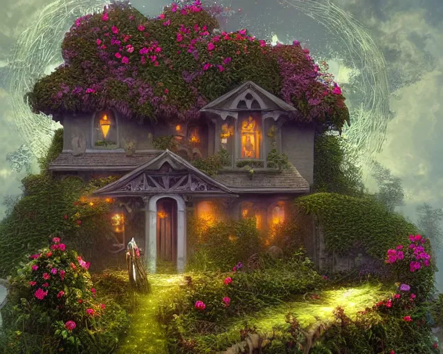 Image similar to a male winged angel made of vines and flowers and moss, standing in front of a beautiful cottage, a digital painting by thomas canty and thomas kincade and ross tran, art nouveau, atmospheric lighting, trending on artstation
