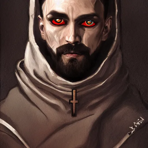 Image similar to portrait painting of a handsome Catholic priest with red eyes, dark, intricate details, highly detailed, concept art, trending on artstation, award-winning. Art by Loran DeSore and Merwild