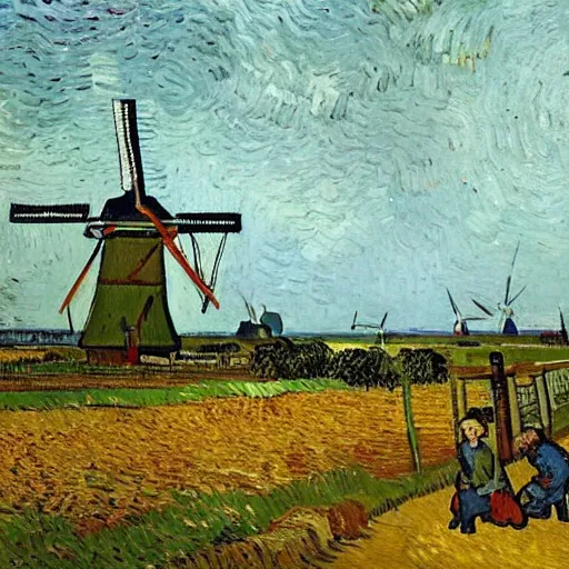 Image similar to the dutch landscape with traditional windmills standing next to a lake, lots of bicycles and a man drinken beer by Vincent van Gogh,