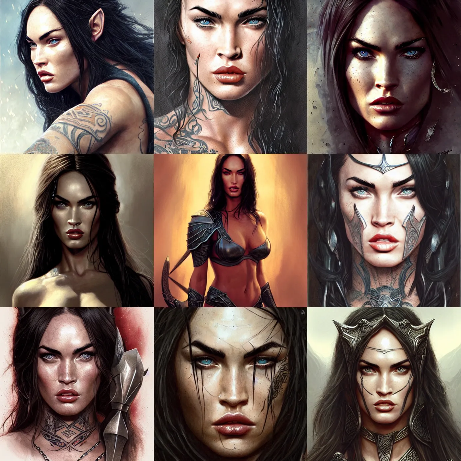 Prompt: megan fox, legendary warrior, fighter, lord of the rings, tattoos, decorative ornaments, full armor, perfect face, detailed, expressive, digital painting, by brom, wlop, and greg rutkowski