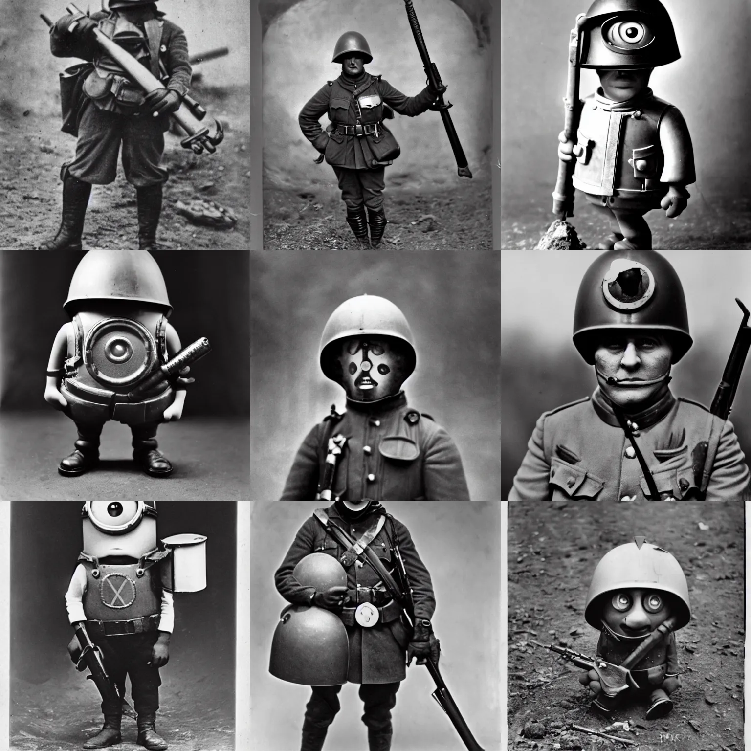 Prompt: a minion wearing a helmet carrying a weapon, world war 1, black and white photography