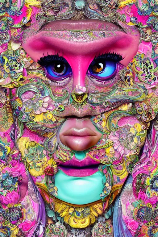 Prompt: Detailed maximalist portrait with large lips and large eyes. 8x HD mixed media, 3D collage, highly detailed and intricate illustration in vibrant pastel tones. colourful matte background