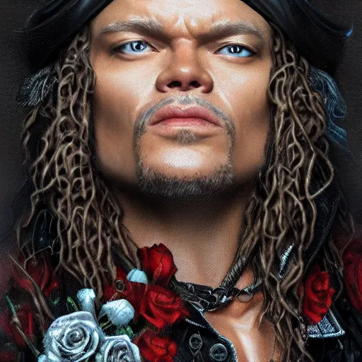 Prompt: axel rose portrait guns and roses, intricate, highly detailed, digital painting, artstation, concept art, smooth, sharp focus, illustration, unreal engine 5, 8 k, art by artgerm and greg rutkowski and alphonse mucha