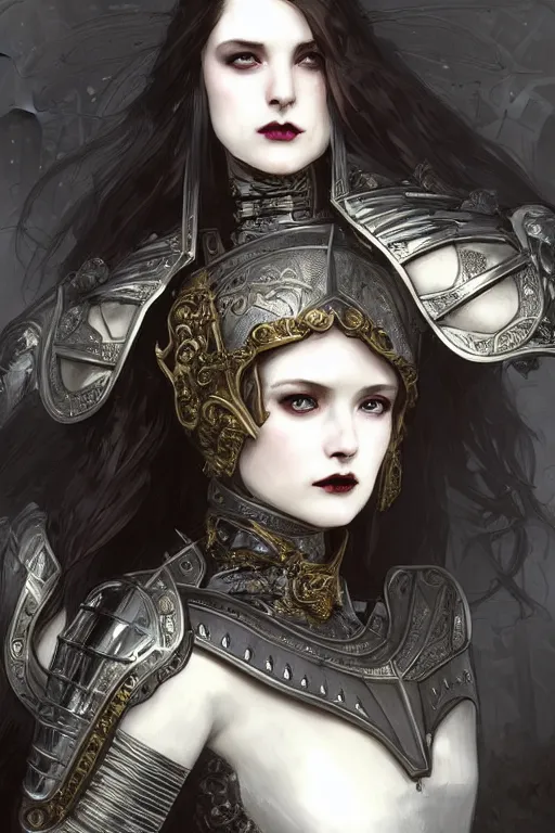 Image similar to beautiful luxury and evil and victorian and supernatural young female medieval white armor knight portrait+smoky eyes+front face with light flowing hair, ultradetail face, ruined gothic cathedral, art and illustration by tian zi and craig mullins and WLOP and alphonse mucha, ssci-fi, fantasy, intricate complexity, human structure, hypermaximalist, fantasy character concept, dynamic lighting, neon light, watermark, blurry, hyperrealism 8k