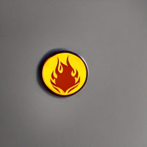 Image similar to a photo of a retro 1 9 7 0 s minimalistic clean fire flames warning label enamel pin, cinematic lighting, behance