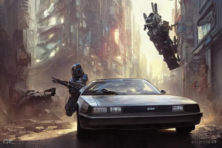 Image similar to photograph of the mandalorian entering a delorean driving down the streets of a cyberpunk abandoned city, wing doors are lifted, by greg rutkowski, by stanley artgerm, by alphonse mucha