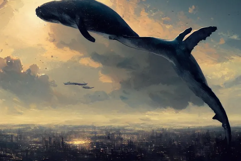 Prompt: whales in the sky above the city, digital art, trending on artstation, by greg rutkowski