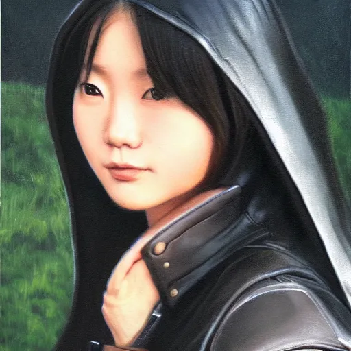 Image similar to perfect, realistic oil painting of close-up japanese young woman wearing leather jacket, in LOTR