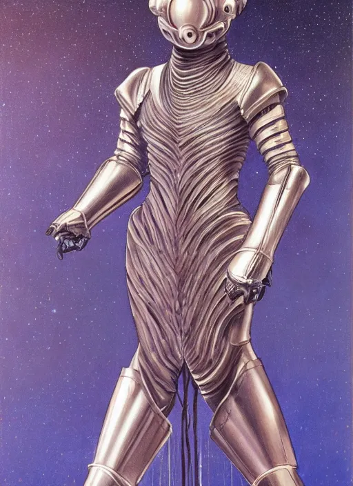 Prompt: full body portrait of beautiful gothic and futuristic fashion model, elegant smooth space armour, cyber armour, scifi helmet, highly detailed, artstation, illustration, composition, 8 k quality, art by jean delville, rene magritte, hyperrealism oil painting