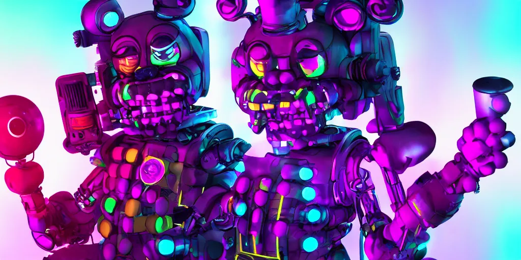 Image similar to fnaf freddy, cyberpunk, rgb, neon, hd, cinematic,