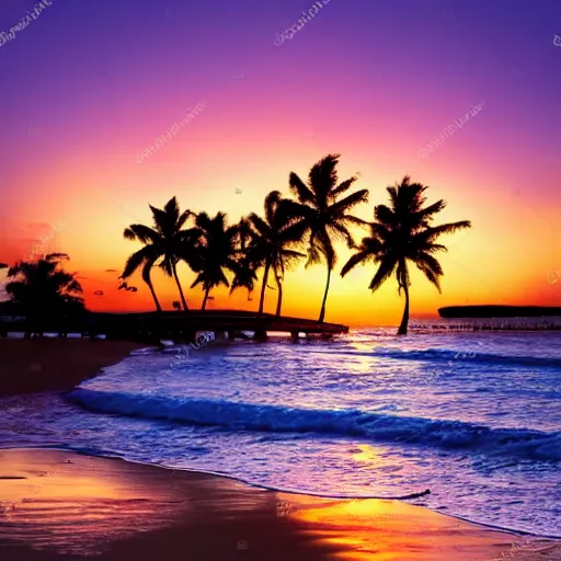 Prompt: beautiful beach with palm trees and a sunset