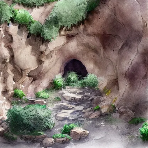 Prompt: cave in mountain paved, botanic watercolors, iridescent, 8 k, realistic shaded, fine details, artstation, italian, iron gate