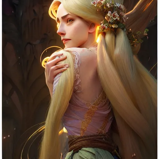 Image similar to Rapunzel, fantasy, intricate, elegant, highly detailed, digital painting, artstation, concept art, matte, sharp focus, illustration, art by Artgerm and Greg Rutkowski and Alphonse Mucha