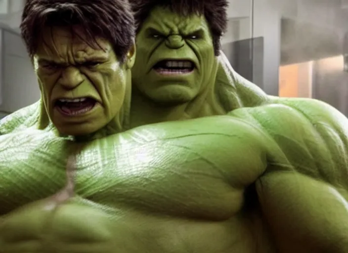 Image similar to film still of hulk bedazzling a shirt in the new avengers movie, 4 k