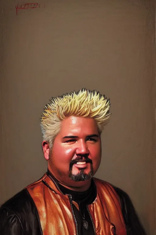 Image similar to guy fieri, orientalist intricate portrait by john william waterhouse and edwin longsden long and theodore ralli and nasreddine dinet, hyper realism, dramatic lighting