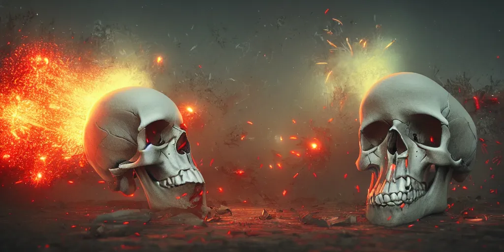 Prompt: Skulls, flowers, explosions, 8k digital art, trending on artstation