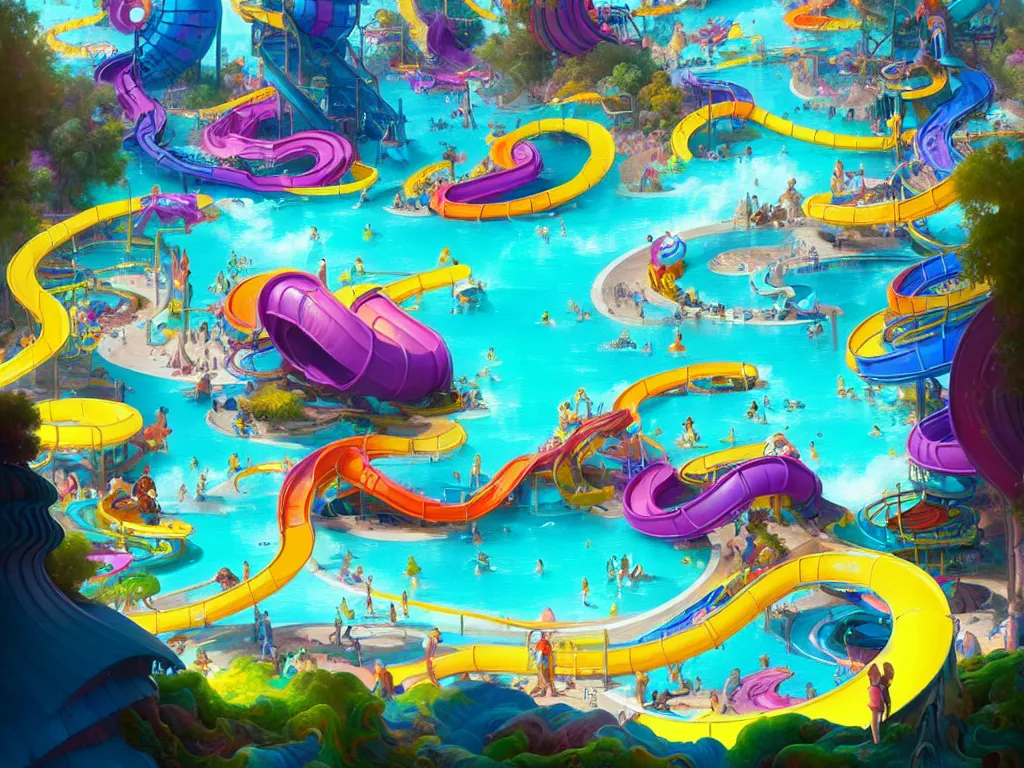 Prompt: a huge complex brightly colored water park scene, tall winding slides, wave pool, fantasy art, 8 k resolution matte fantasy painting, cinematic lighting, deviantart, artstation, jason felix steve argyle tyler jacobson peter mohrbacher