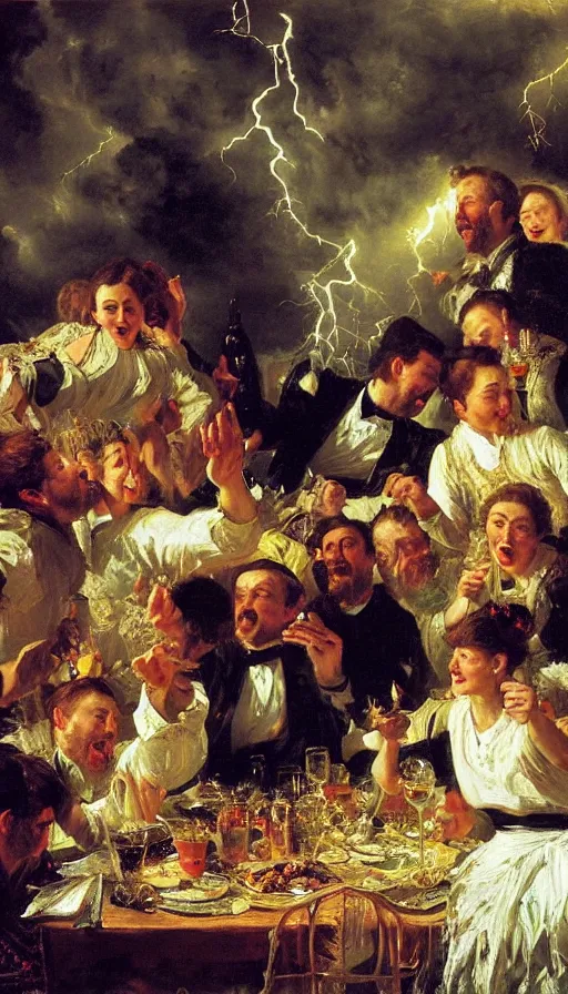 Image similar to still life painting of midsummer party getting struck by lightning, by Peder Krøyer, golden hour, dramatic lighting, epic, gargantuan, intricate detail, canvas print