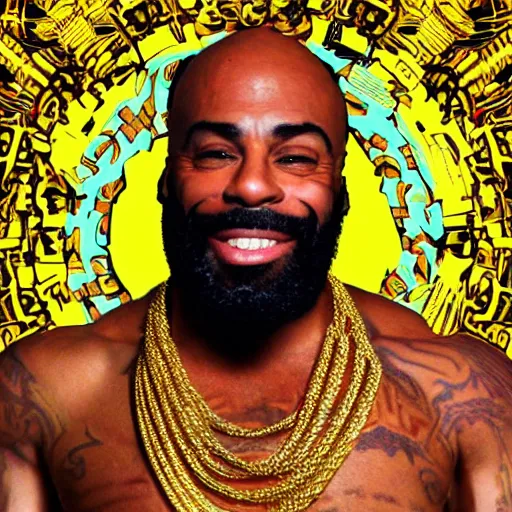 Prompt: a photograph of joe rogan as mr. t wearing many gold chains with a psychedelic dmt background