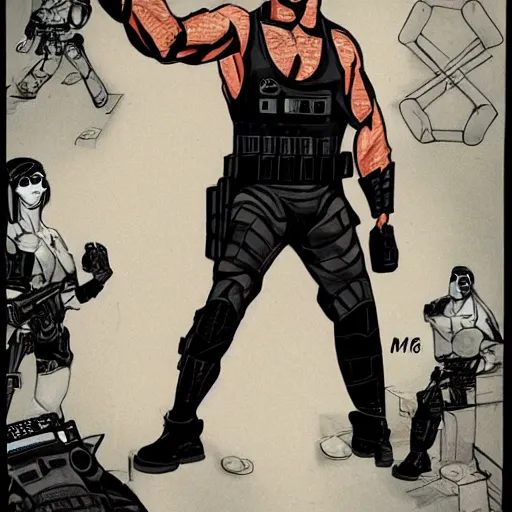 Image similar to muscular man, black vest with no shirt underneath, goggles around his neck, cargo pants, ammo belt, holding a blaster, star wars, long black hair in a ponytail, five o' clock shadow, comic book art, distance shot