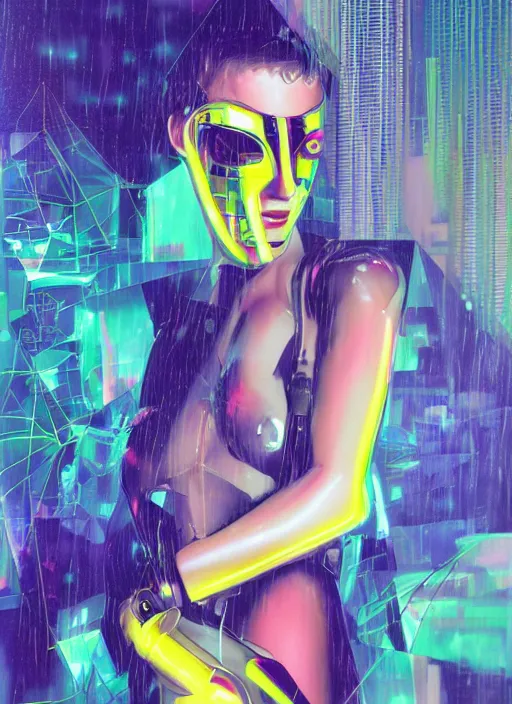 Image similar to futuristic lasers, data visualization, cyberpunk bodysuit, mask, laserpunk, visor, rain, wet, oiled, sweat, girl pinup, by steven meisel, james jean and rolf armstrong, geometric cubist perfect geometry abstract acrylic and hyperrealism photorealistic airbrush collage painting with menocjrome muted and neon fluorescent colors, 8 0 s eros