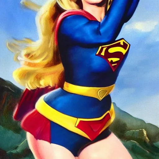 Image similar to ultra realistic portrait painting of margot robbie as supergirl, art by frank frazetta, 4 k, ultra realistic, highly detailed, epic lighting.