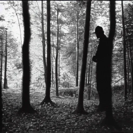 Image similar to a shadow man standing in the distance inside of a forest, taken on a ww2 camera.