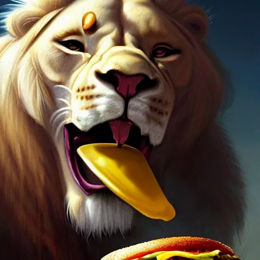 Prompt: commission of a male anthropomorphic albino lion eating an oversized hamburger,digital art,art by greg rutkowski,trevor henderson,ross tran,photorealistic,hyperdetailes,highly realistic,natural lighting,deviantart,artstation,dramatic,cinematic,4k,western comic style