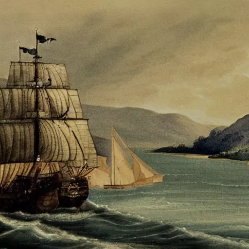 Image similar to Capitain Cook arriving in the bay of islands on the HMS Endeavour amongst dense New Zealand coastal forest, 1769 New Zealand, in the style of a Charles Emilius Gold watercolor