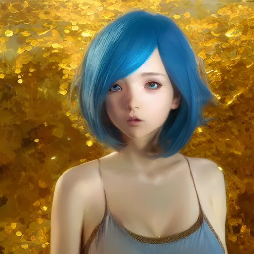 Image similar to ilya kuvshinov with long sky blue hair, gold eyes, professional digital painting, concept art, unreal engine 5, 8 k, cinematic, wlop, bubbles, tendrils in the background, art by greg rutkowski, pixiv art, junji ito, yoshitaka amano