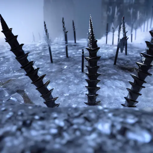 Prompt: ice spikes are summoned from the ground by magic, a group of knights in plate - armor gets impaled by bloody spikes, death on the spot, gloomy lights in the sky, feeling of cold terror, octane render, unreal engine, 8 k