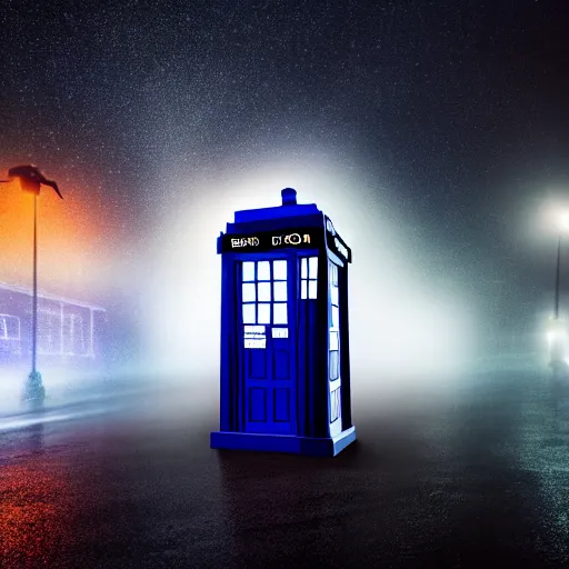 Image similar to a hyperdetailed photograph of the tardis sat on a futuristic street corner, night, dense fog, rain, hd, 8 k resolution