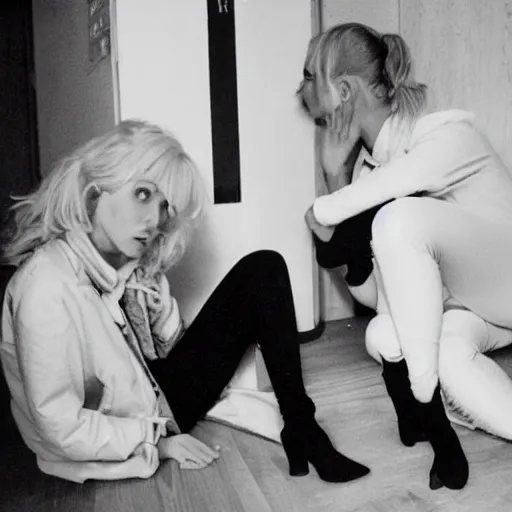 Image similar to Platinum-blonde-haired hime-cut blue-eyed 27-year-old French princess wearing white leggings, black jacket, boots, sitting in communist public housing apartment, talking to black-haired Japanese girl