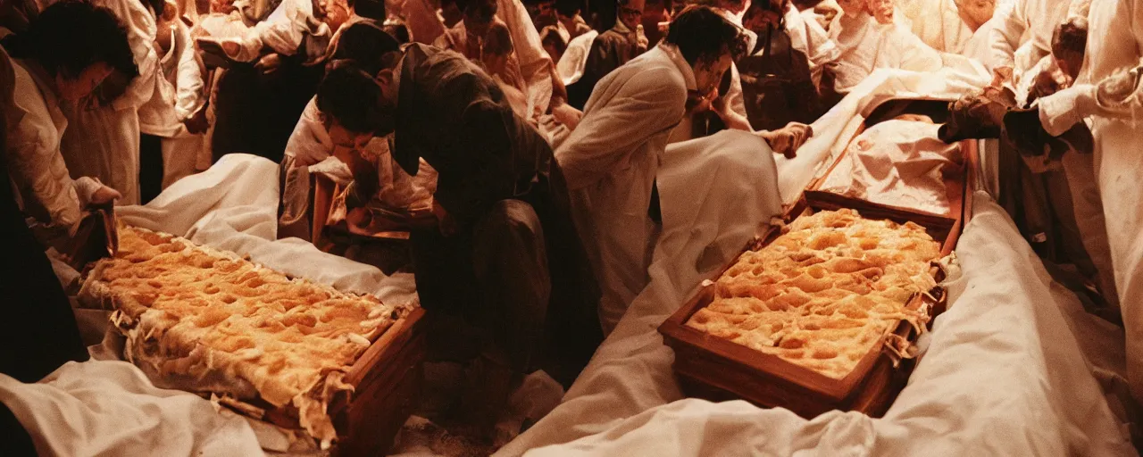 Image similar to a person buried inside a coffin made of ravioli, funeral ceremony, canon 5 0 mm, cinematic lighting, photography, retro, film, kodachrome