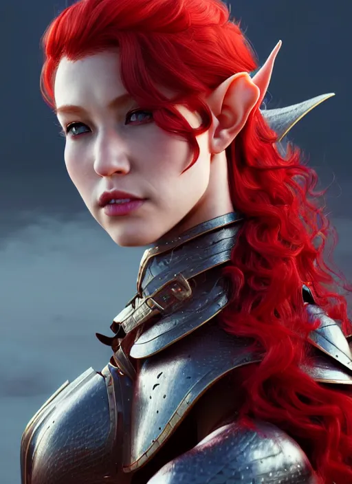 Image similar to leather armor!!! beautiful and elegant curly red hair female elf!! gorgeous ayes!! character concept art, sharp focus, octane render! unreal engine 5! highly rendered!! trending on artstation!! detailed linework!! illustration by artgerm, wlop, and chie yoshii