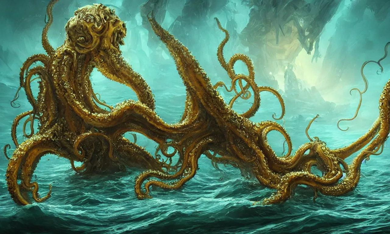 Prompt: Mysterious monster Cthulhu in the sea, huge tentacles sticking out of the water, oil on canvas, cold colors, perfect composition, golden ratio, beautiful detailed, photorealistic, digital painting, artstation, concept art, smooth, sharp focus, illustration, cyberpunk background, artstation trending, octane render, unreal engine