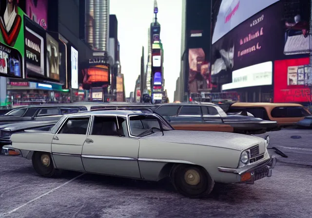 Prompt: opel diplomat and vintage cars in times square grand theft auto, photorealistic hyperdetailed 3 d matte painting, hyperrealistic, cinematic, unrealengine octane render, silent hill,