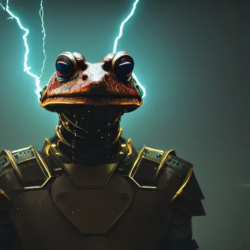 Prompt: wide shot, photo of a toad head, a huge humanoid toad-man with a katana, in a heavy futuristic armour without a helmet, hyper realistic, hyper detailed, coherent photo, trending on artstation, cyberpunk, Japanese style, volumetric lightning, neon, electric colours, Cinematic, Dramatic, Film Grain, Kodak Portra, Depth of Field, 15 mm octane render, 4k, raytracing, blender