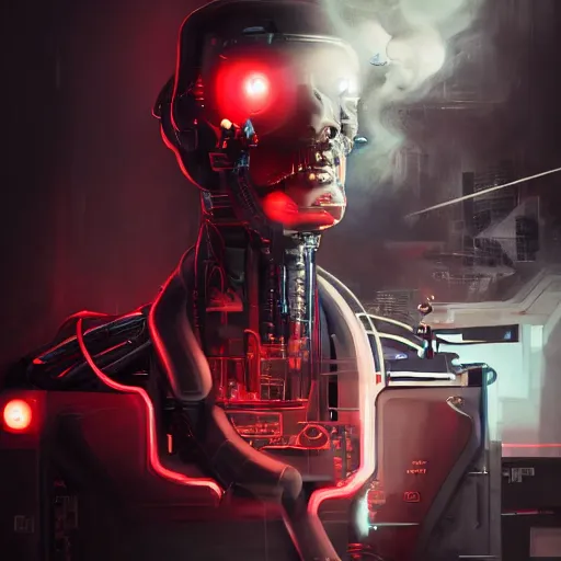 Image similar to concept art of a cyborg, cyberpunk, surrounded by smoke, award-winning art, black on red, hyperrealistic, by Sam Spratt, by Vlad Rodrig﻿u﻿e﻿z, computer screens in the background, trending on Artstation, dark, dramatic, cinematic, realistic studio lighting, realistic reflections, realistic light refractions, raytracing, 4k, professional, canon